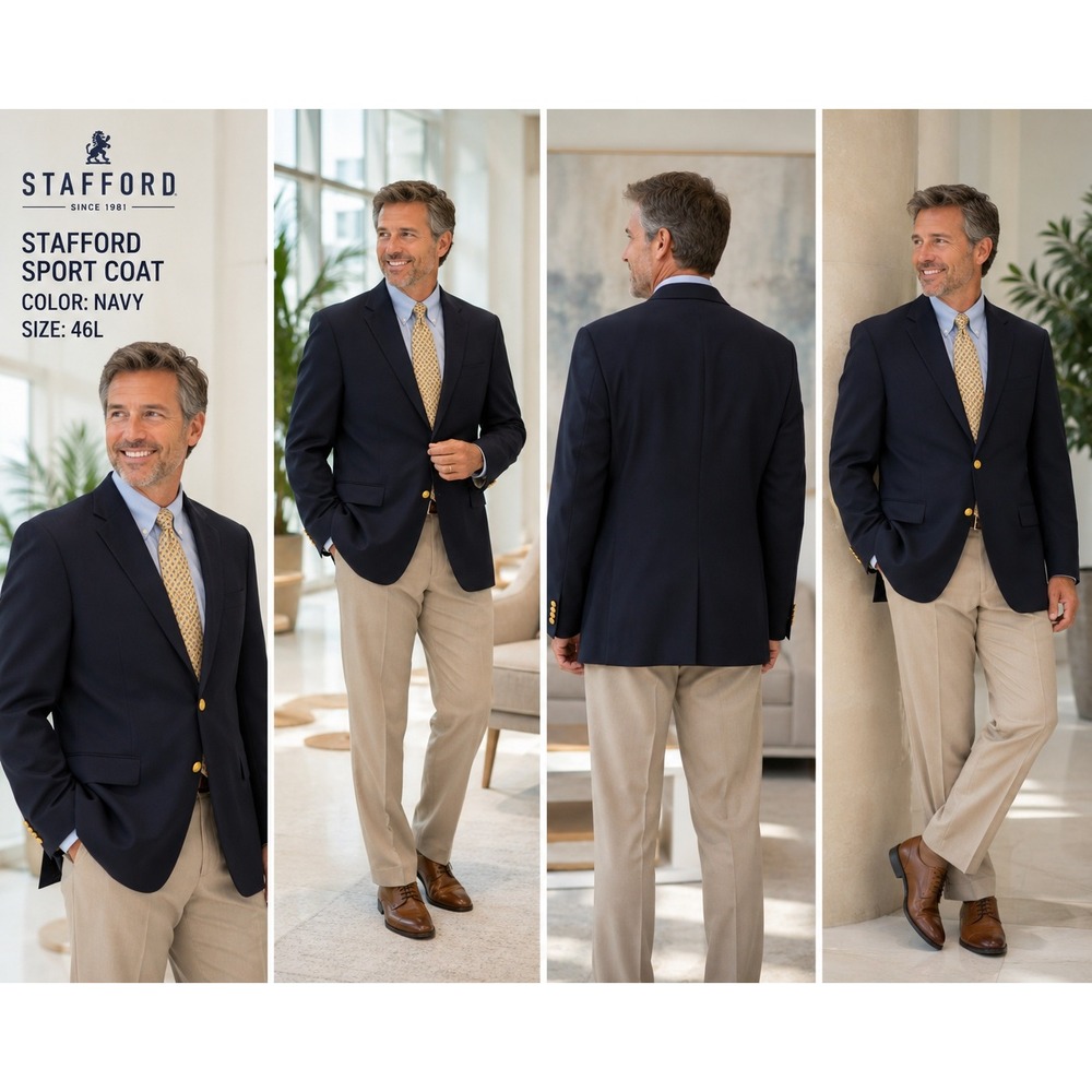 Stafford Mens 46L Navy Sport Coat Blazer Jacket Gold Buttons Classic Preppy 1797